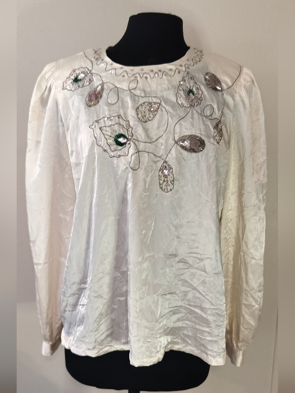 Cream Embellished Women's Blouse with Sequin Floral Detail
